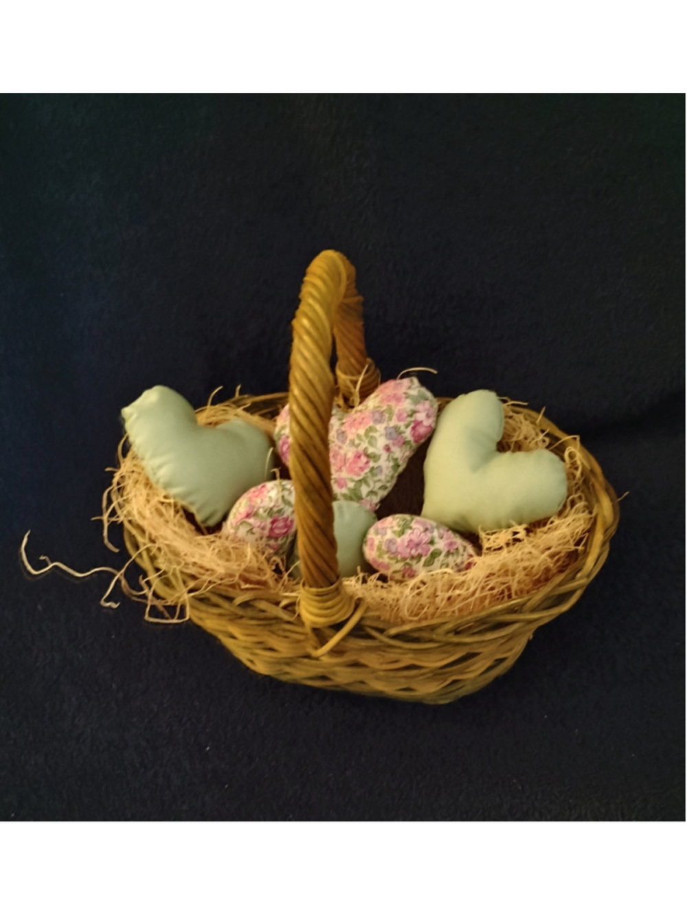 OOAK. 6 Assorted Vtg Fabric Hearts in Old Sage & Cream Oval Basket